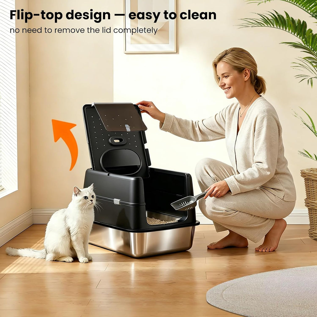 Extra Large Stainless Steel Cat Litter Box with 120° Lid for Multiple Cats, Enclosed Top Entry Litter Box High-Sided Anti-Leak, Dog Proof Litter Boxes with Litter Step & Scoop