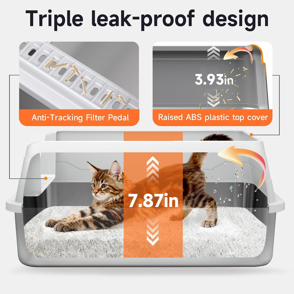 Stainless Steel Cat Litter Box for Small Cats, Odor Free Metal Litter Box | High Sides Lid Open Top Low Entry Litter Pan Easy Cleaning Kitty Cat Box Anti-Urine Leakage Non-Sticky Include Scoop