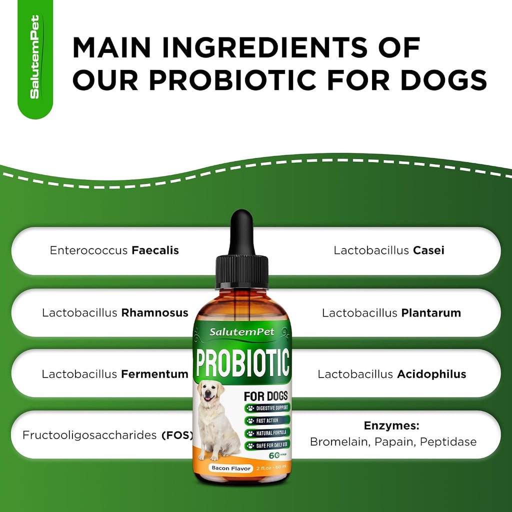 Probiotics for Dogs | Liquid Probiotics for Dogs and Puppies | Prebiotic & Digestive Enzymes | Gut Flora Support and Digestive Care | Bacon Taste | 2 Oz