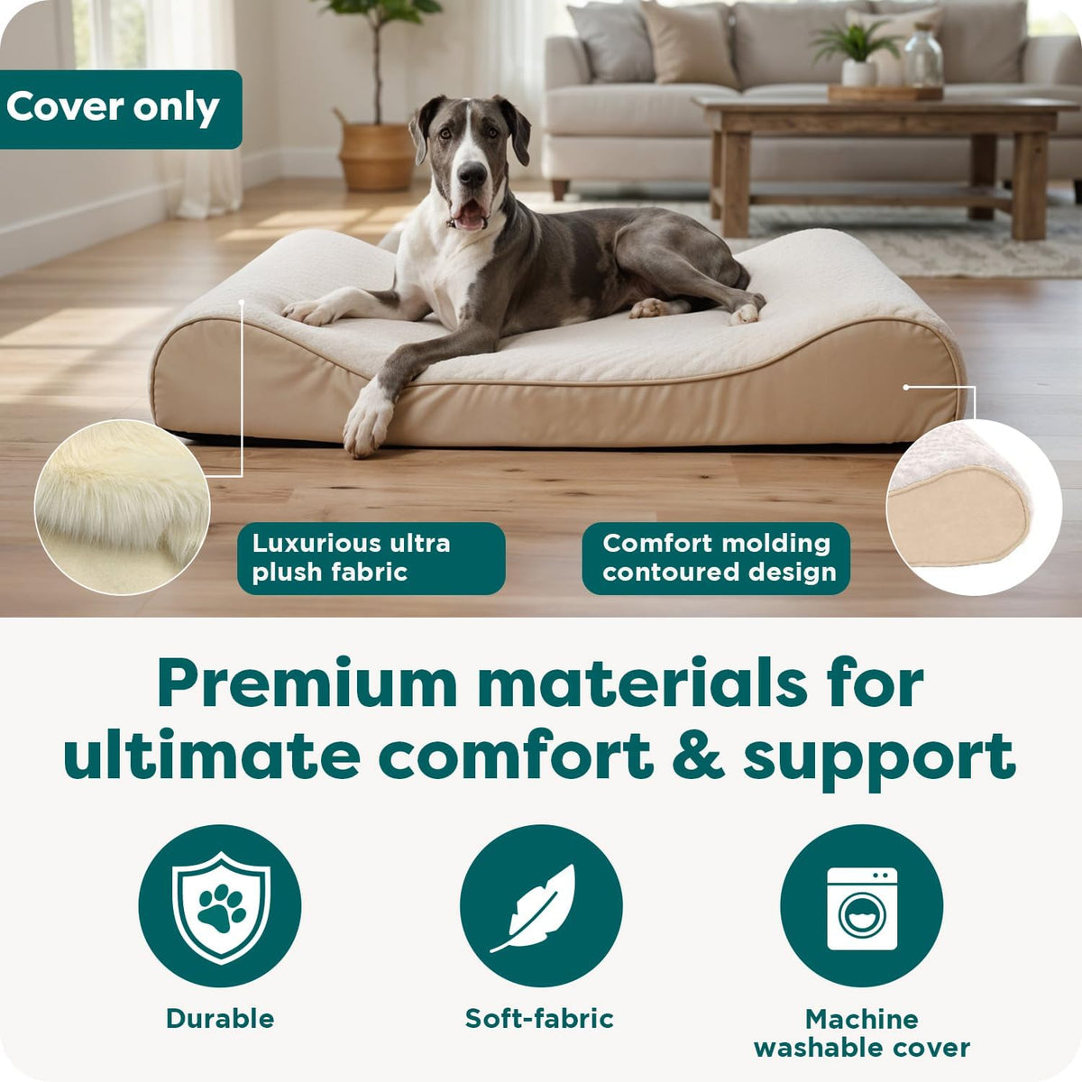 FurHaven Replacement Dog Bed Cover, Contour Luxe Lounger Design, Soft & Breathable Fabric for Cozy Comfort, Machine Washable, Large, Ultra Plush Faux Fur & Suede, Cream