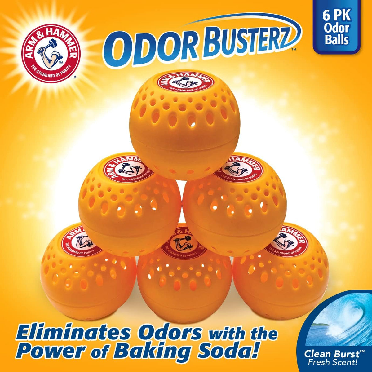 Arm & Hammer OdorBusterz® Odor Eliminator Balls, Clean Burst, 6 Count – Baking Soda Odor Control for Closets, Drawers, Hampers & Small Spaces