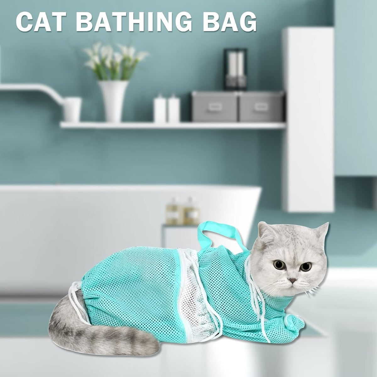 JULMELON 10 PCS Cat Washing Bag for Bath Shower Adjustable Net Grooming Set | Pet Brush Nail Clipper File, Hair Combs Tick Tool, Nail Caps, Bathing Trimming Examination, Grey and Green 