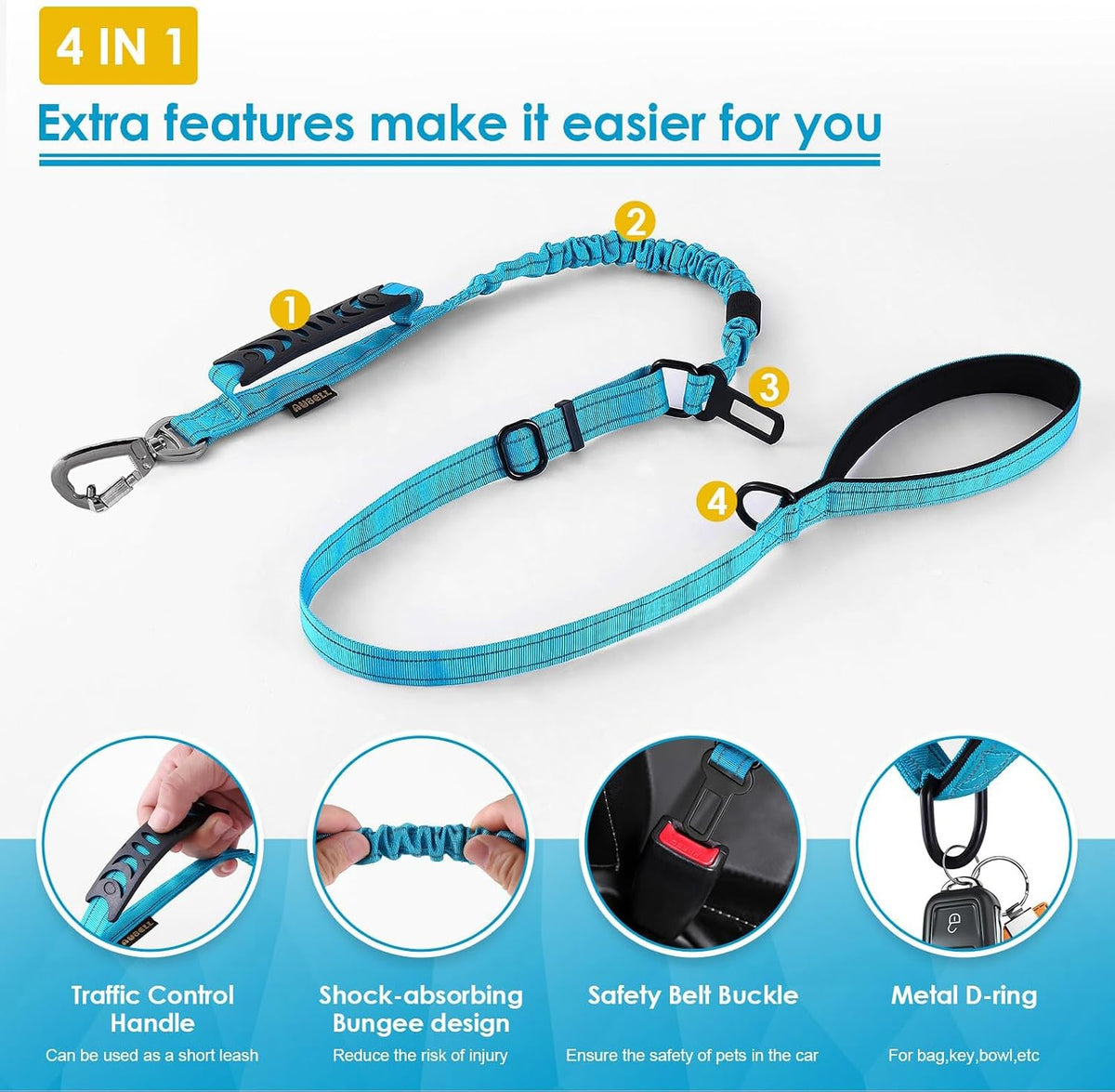 AUBELL Tactical Dog Leash Heavy Duty,4-6ft No Pull Bungee Leash,Blue