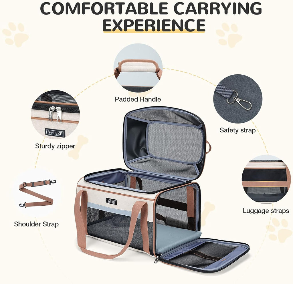 Lekereise Top-Expandable Pet Carrier 18x11x11Inch Delta American United Airline Approved Soft Sided Underseat to 15lbs Travel Carriers for Small Dogs Cats with Locking Safety Zippers Anti-Scratch Mesh