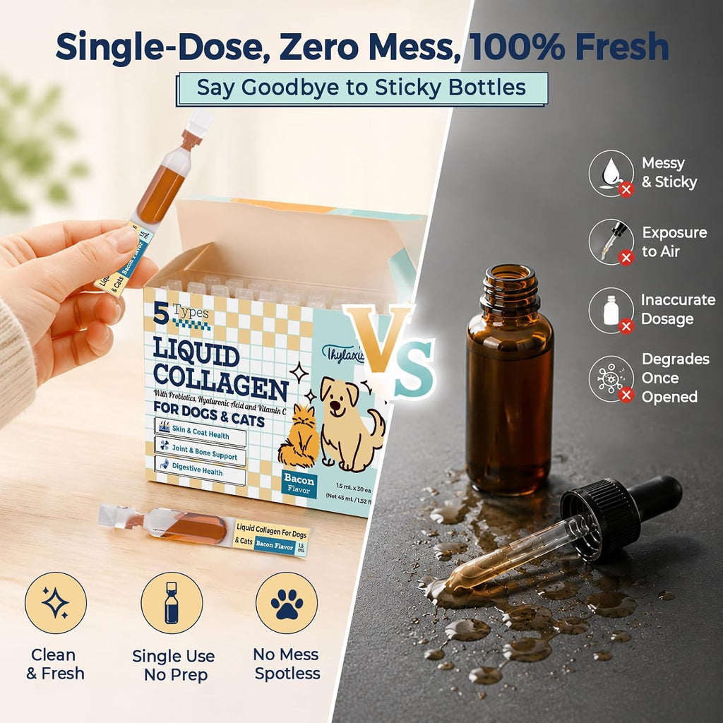 Collagen for Dogs - Liquid Collagen for Dogs & Cats with 5 Collagen Types(I, II, III, V & X) for Skin & Coat, Itch Relief, Hip & Joint, Plus 30B CFU Probiotics, Hyaluronic Acid & Vitamin C,30 Ampoules
