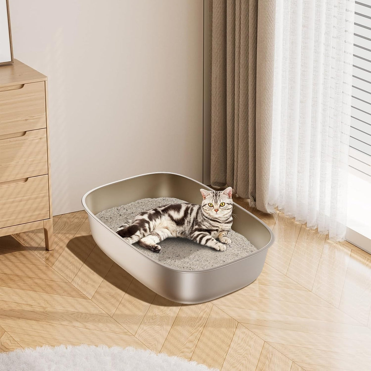 Stainless Steel Litter Box,Oval Metal Litter Box XL | 22.8“x16.5"x6", Extra Large Steel Cat Litter Box for Big Cats, Non Stick Surface, Easy to Clean