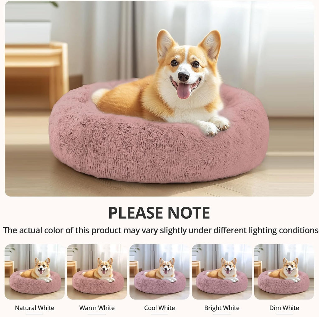 JOLLYVOGUE Calming Small Dog & Cat Bed for Indoor Cats - 20 inches Washable Donut Bed for Kittens & Puppies, Anti-Anxiety Round Fluffy Plush Pet Beds (Fits up to 15 lbs, Dark Pink)