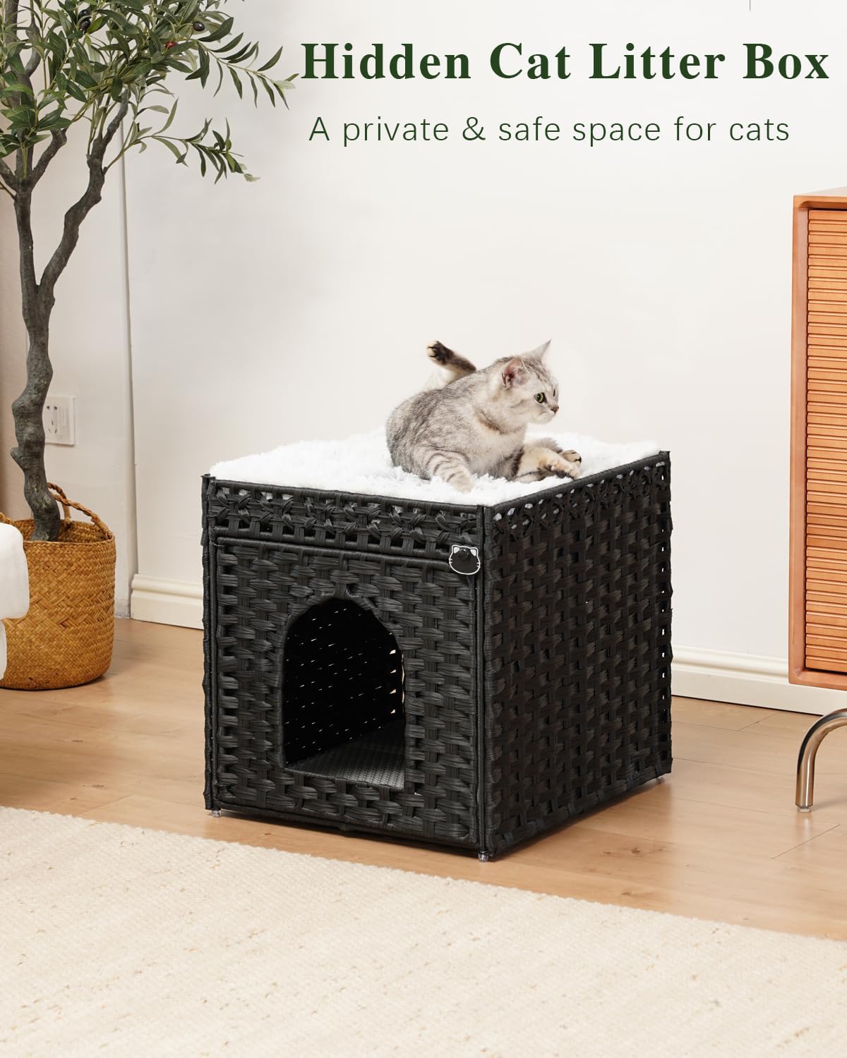 SETVSON Cat Litter Box Enclosure Furniture, Hidden PE Rattan, Black