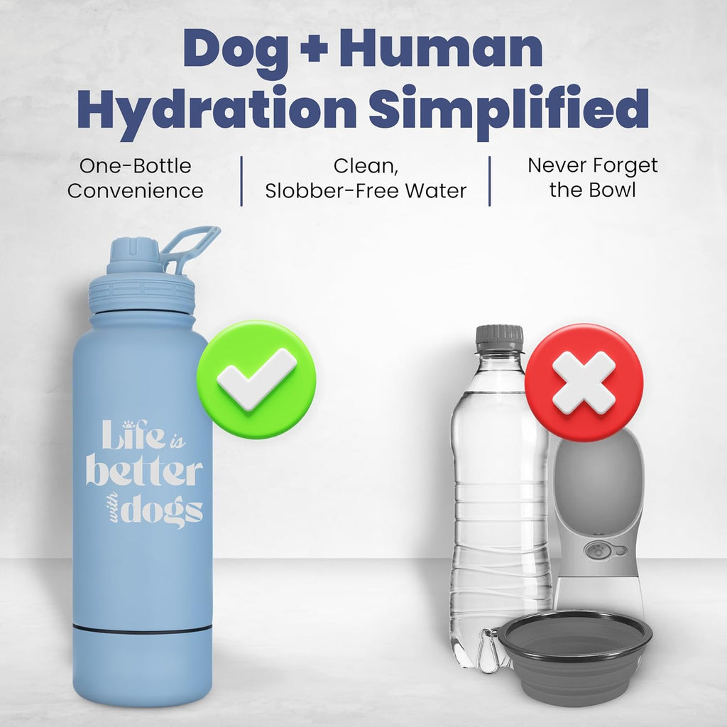 Rubyloo Dog Water Bottle w/Detachable Bowl for Dog Lovers, Life is Better | 32oz Insulated Stainless Steel Bottle, 8oz Detachable Bowl, Leak-Proof Lid, BPA-Free, Hiking, Walking, Travel, Gift