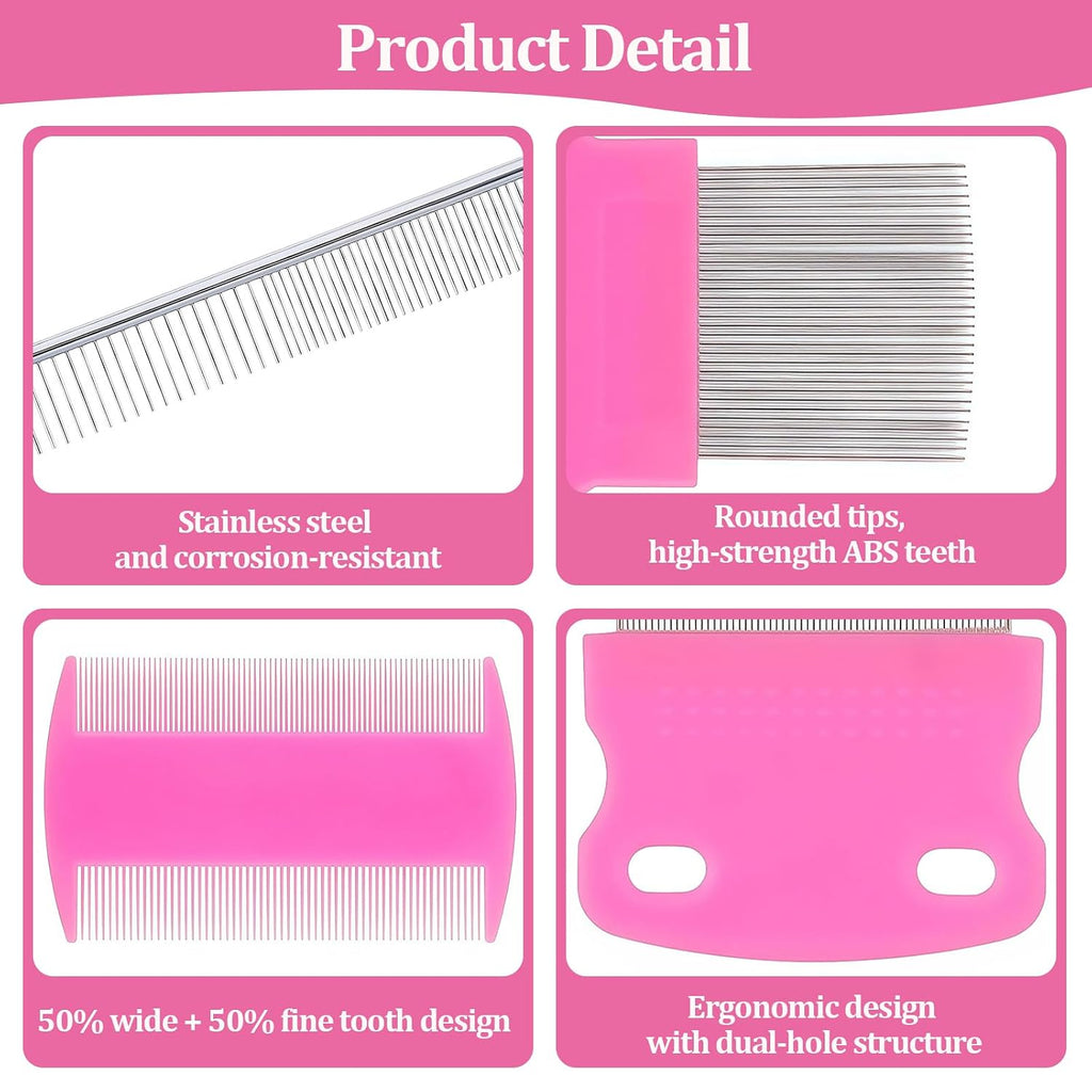 6 Pack Pet Grooming Combs, Stainless Steel Dog and Cat Grooming Combs with Rounded Teeth, Double-Sided Professional Pet Tear Stain Remover for Small, Medium, and Large Pets (Pink)