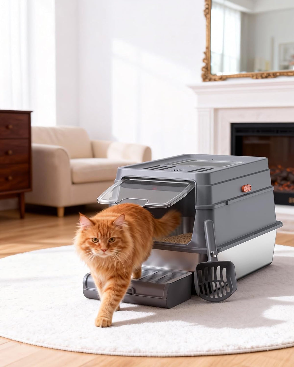Powools Stainless Steel Enclosed Cat Litter Box, Elevated Step Box, Grey | 23.6 x 15.7 x 15.0 in, Metal Cat Litter Box with Lid, Litter Scoop, Activated-Carbon Pack, Non-Sticky, Easy to Clean