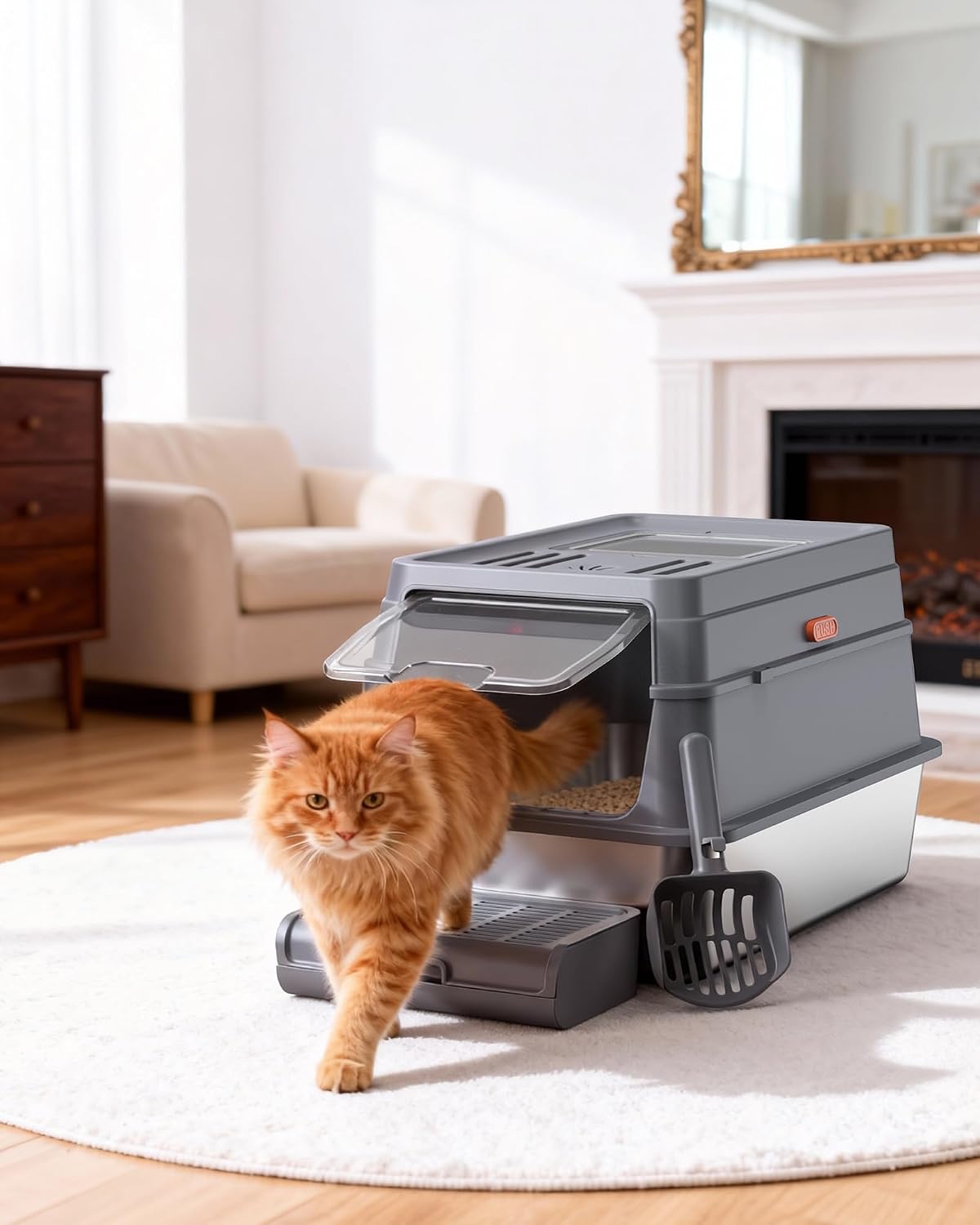 Powools Stainless Steel Enclosed Cat Litter Box, Elevated Step Box, Grey | 23.6 x 15.7 x 15.0 in, Metal Cat Litter Box with Lid, Litter Scoop, Activated-Carbon Pack, Non-Sticky, Easy to Clean