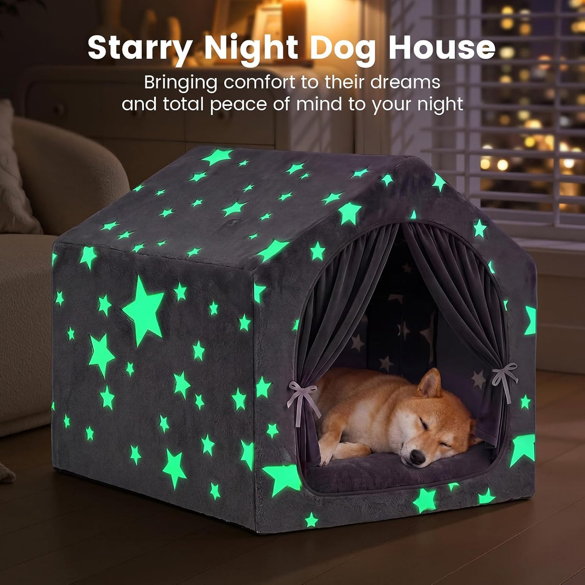 Indoor Dog House with Frame,Glow Dog Tent Bed with Cover Cave,Grey Large