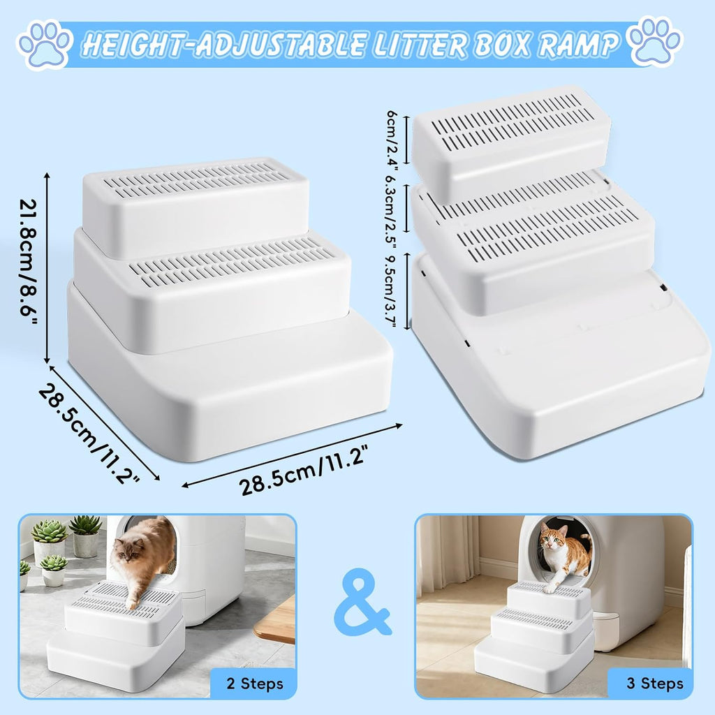 3 Step Litter Box Ramp Adjustable Detachable Litter Box Step, White