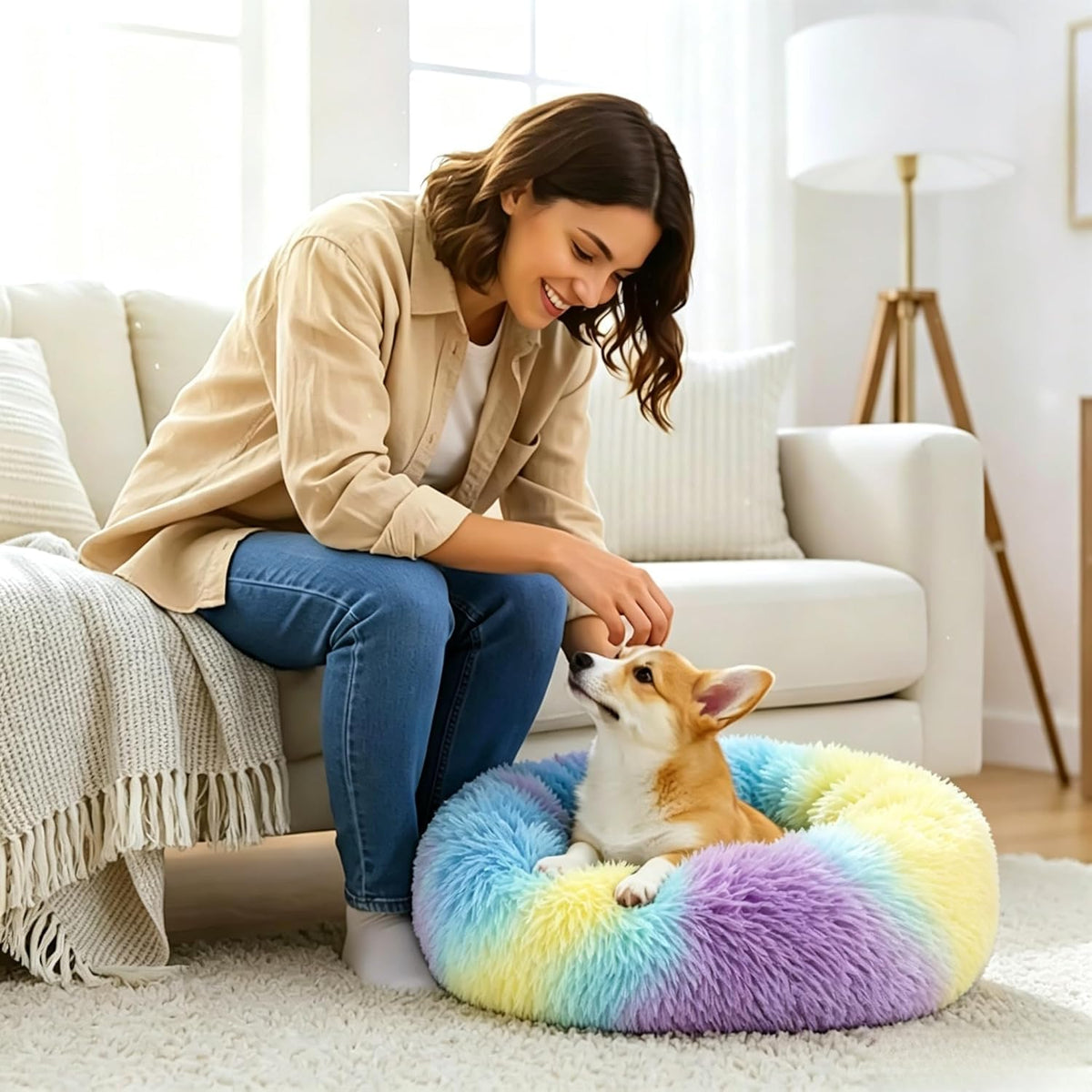 Calming Donut Dog Bed for Small Dogs, Anti-Anxiety Round Washable Plush Fluffy Faux Fur Large Cat Bed, 24 inches Fits up to 25 lbs Pets, Anti-Slip Waterproof Mute Base Rainbow