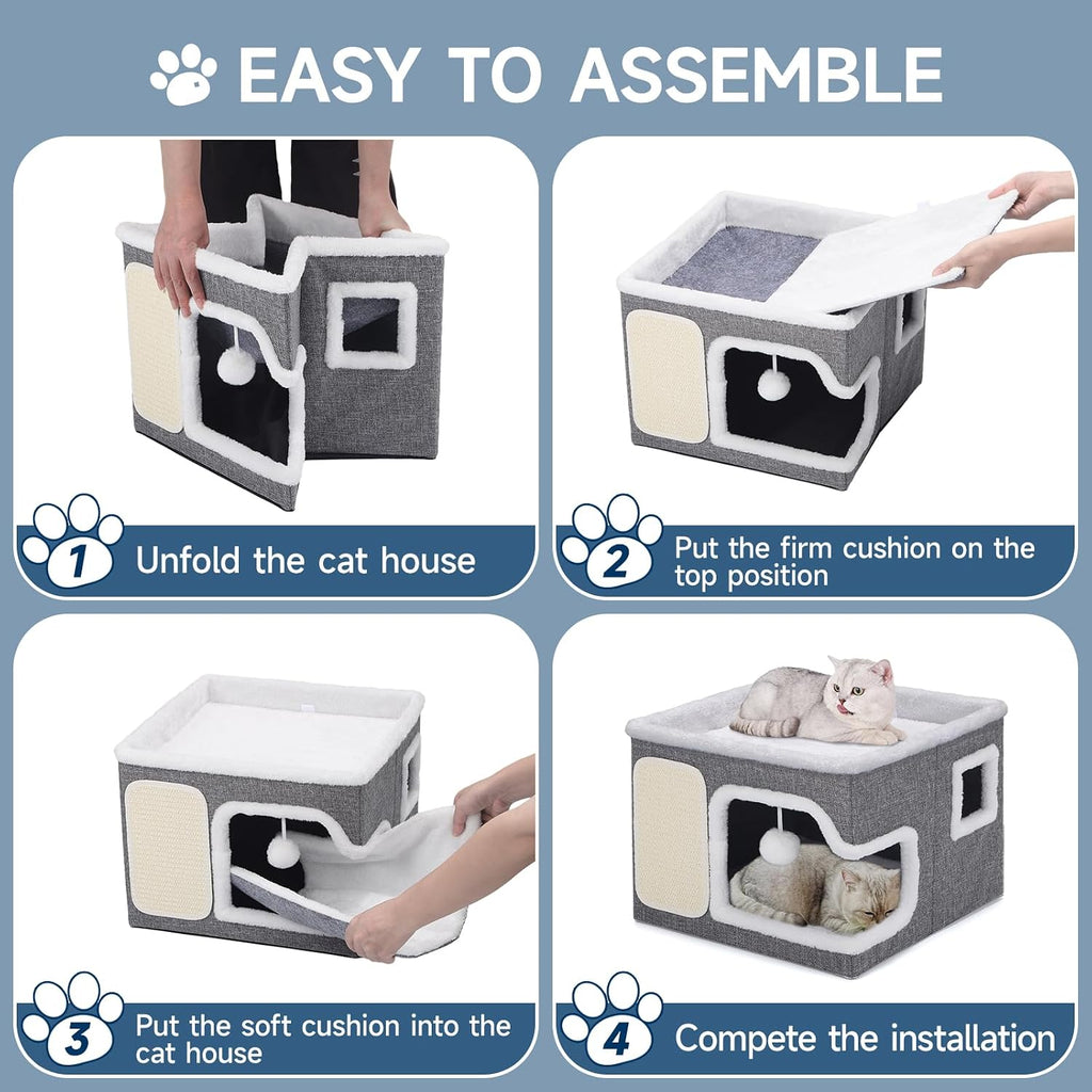 Shikha Cat Bed House for Indoor Cats with Fluffy Ball and Scratch Pad Grey