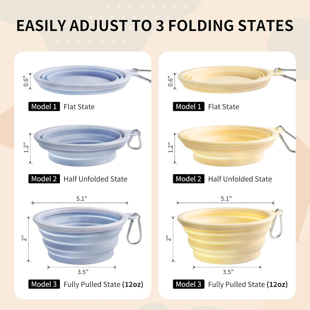 Collapsible Dog Bowls 2-Pack, Portable Travel Dog Bowl with Carabiner, Food-Grade Silicone Pet Bowl for Hiking, Walking(Macaron Blue and Yellow)