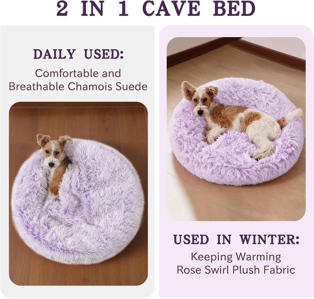 NOYAL Calming Donut Dog Bed, Hooded Cave with Blanket