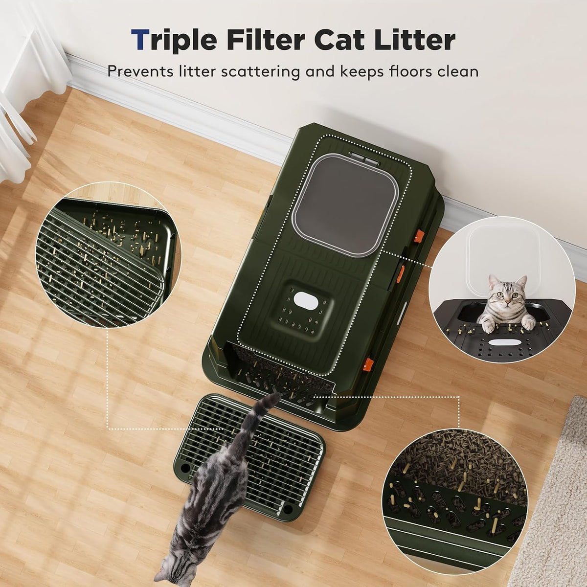 FURTIME Stainless Steel Litter Box with Lid, Enclosed Metal Cat Litter Box | XL Extra Large, Cat Box with High Sided Enclosure & Scoop, Big Cats, Front & Top Entry, Odor Free, Anti-Leakage, Green