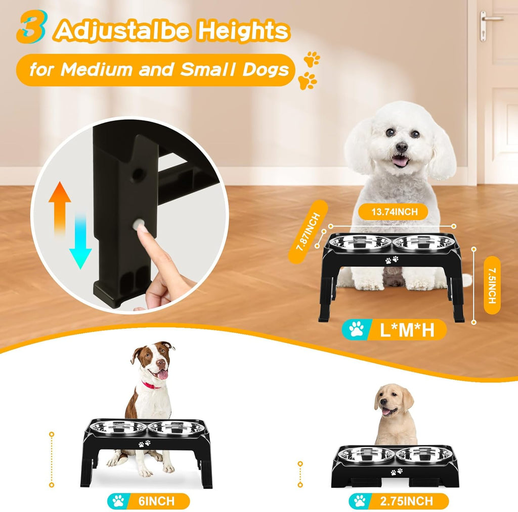 COMESOON Elevated Dog Bowls for Small Medium Dogs, 3 Height Adjustable Raised Stand with 2 Thick 6" Stainless Steel Food Bowls, Non-Slip Feeder Adjusts to 2.75", 6", 7.5", Black