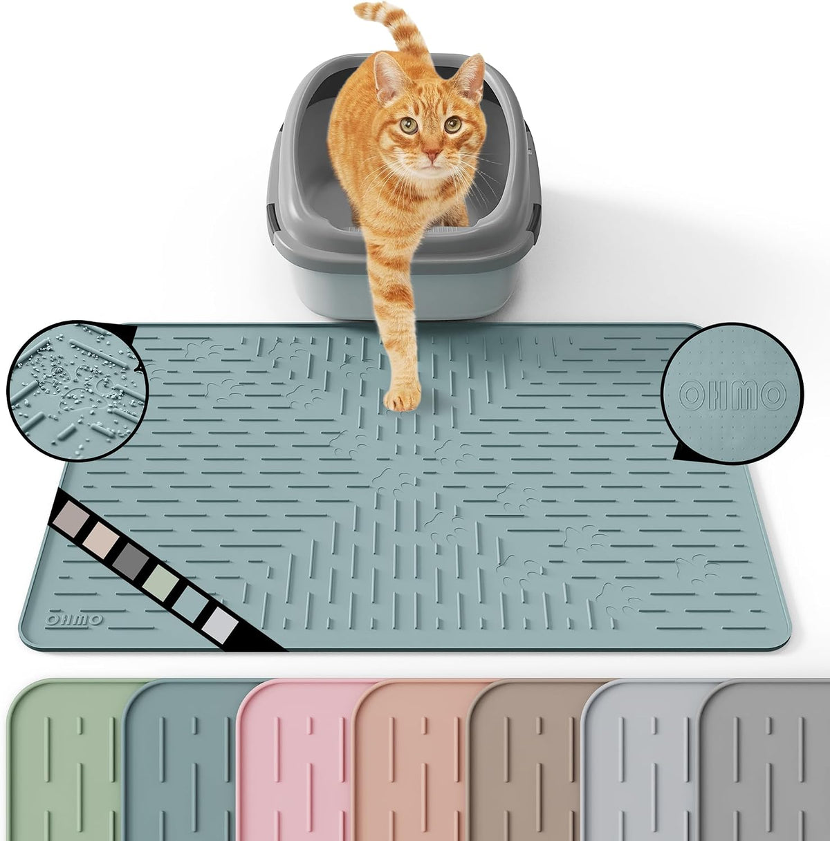 OHMO Cat Litter Mat, 23.5x16 Silicone Trapping Mat Light Blue | for Kitty Litter Box, Easy Clean, BPA Free Rubber, Center Litter Collection, Easy Pour-Back, Waterproof, Odor-Resistant