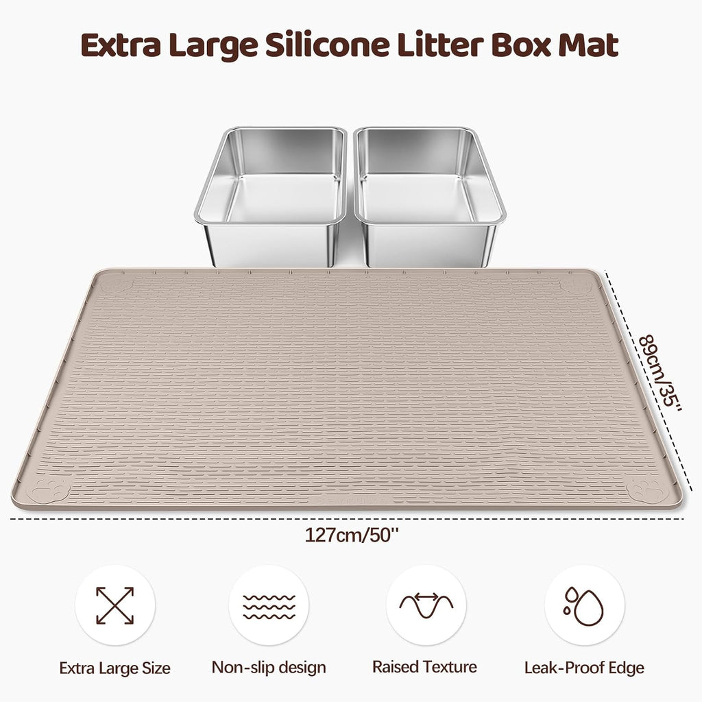 Silicone Cat Litter Mat for Litter Box 50”x35” Large Cat Mat, Khaki | Waterproof, Non-Slip, Leak-Proof Rug Mat with Lip, Easy to Clean, Extra Large Litter Catcher Mat for Floor