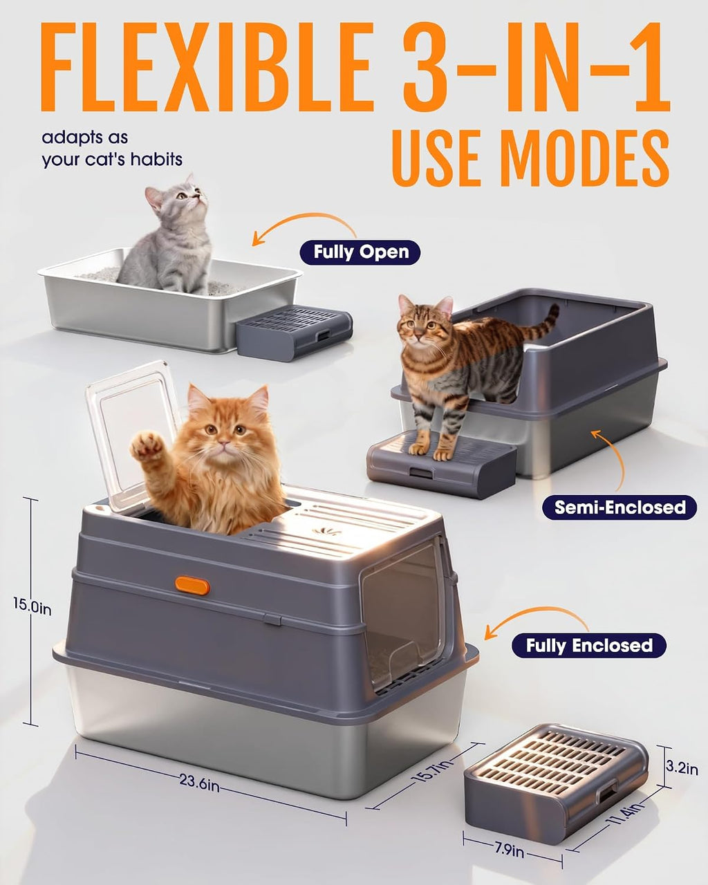 Powools Stainless Steel Enclosed Cat Litter Box, Elevated Step Box, Grey | 23.6 x 15.7 x 15.0 in, Metal Cat Litter Box with Lid, Litter Scoop, Activated-Carbon Pack, Non-Sticky, Easy to Clean