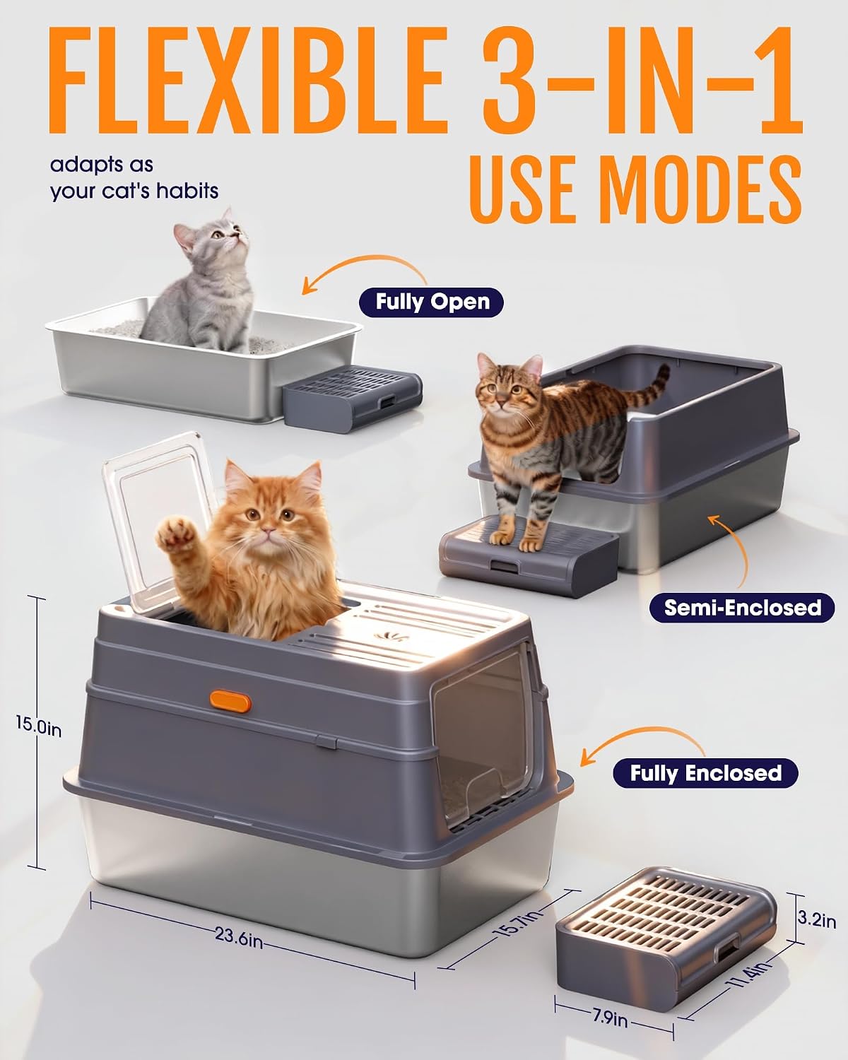 Powools Stainless Steel Enclosed Cat Litter Box, Elevated Step Box, Grey | 23.6 x 15.7 x 15.0 in, Metal Cat Litter Box with Lid, Litter Scoop, Activated-Carbon Pack, Non-Sticky, Easy to Clean