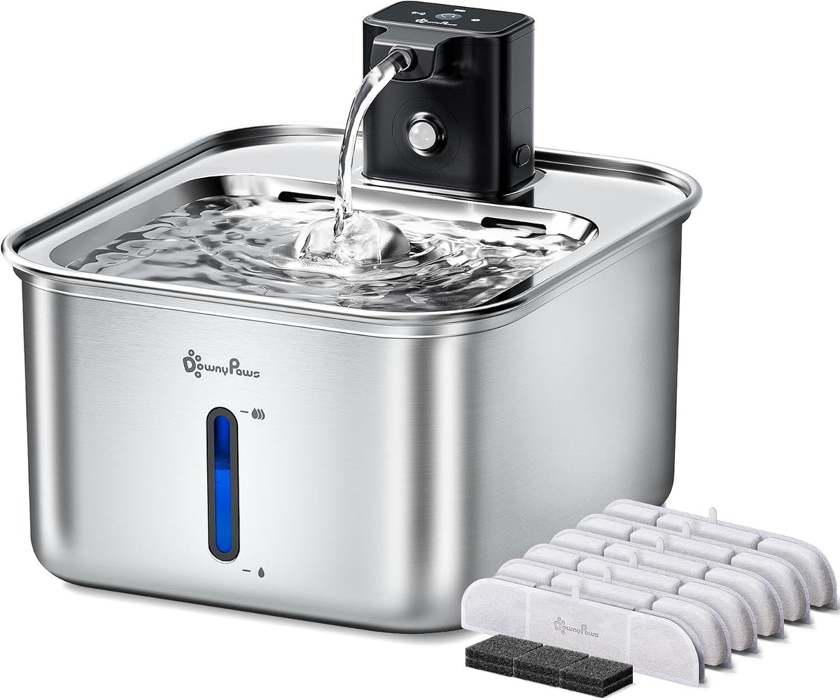 DownyPaws Cat Water Fountain Stainless Steel Wireless, Metal & 6 Filters