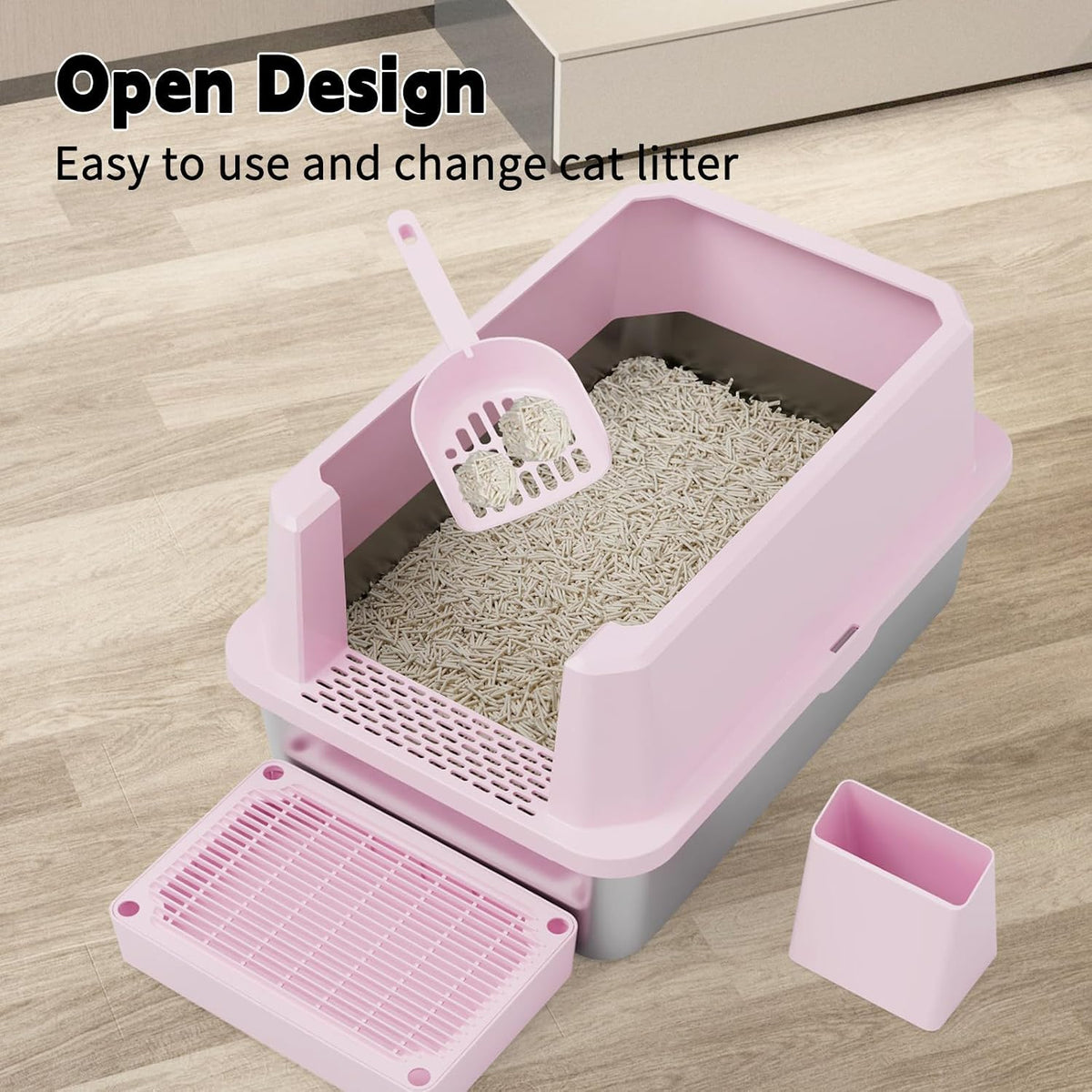 RIZZARI Stainless Semi-Closed Litter Box: High-Sided Open for Large Cats | 304 Stainless Bottom / 6.5" High Splash Guard / Low Front Entry / Spacious for Large Breeds / 30-Second Tool-Free Assembly