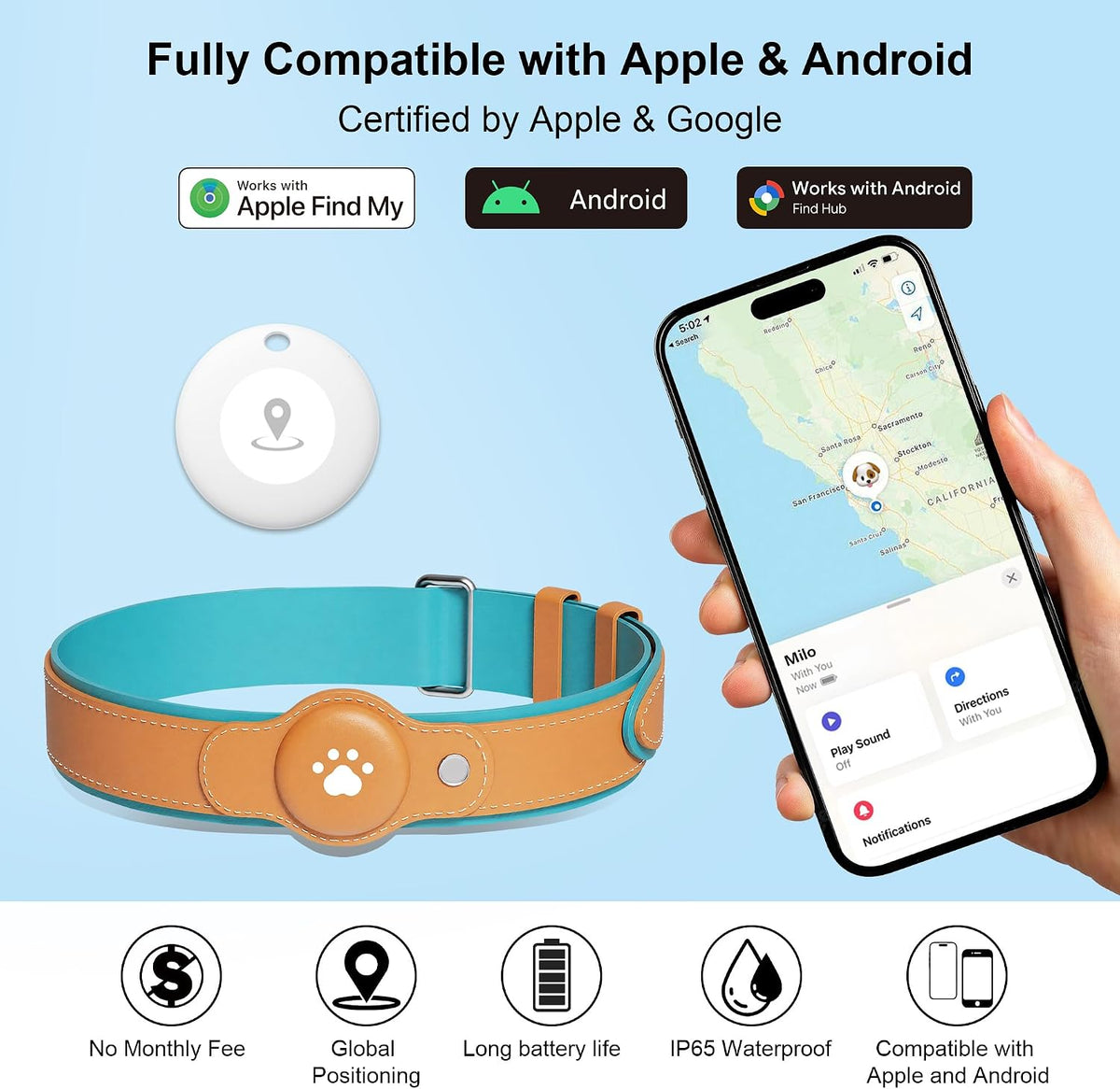 GPS Tracker for Dogs, Dog GPS Tracker, Pet Location Tracker with Collar, Real-Time Tracking, No Monthly Fee or Subscription, Waterproof, 365-Day Long Battery Life, Dog Tracking Device, iOS & Android