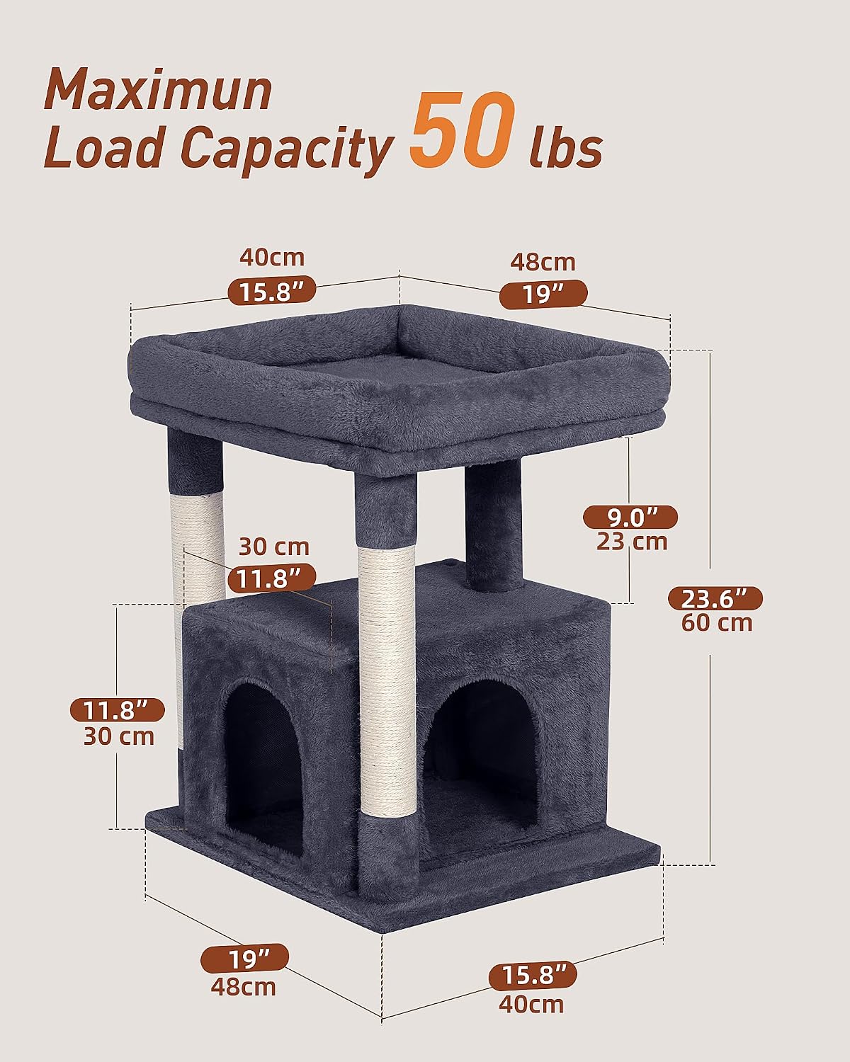 23.6" Cat Tree for Large Cat, 19 * 15.8 in Large Perch, Dark Gray