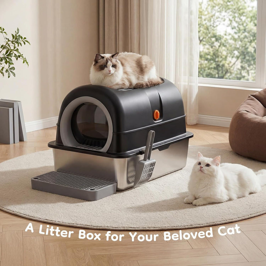 Enclosed Cat Litter Box, Stainless Steel Litter Box with Lid, Black