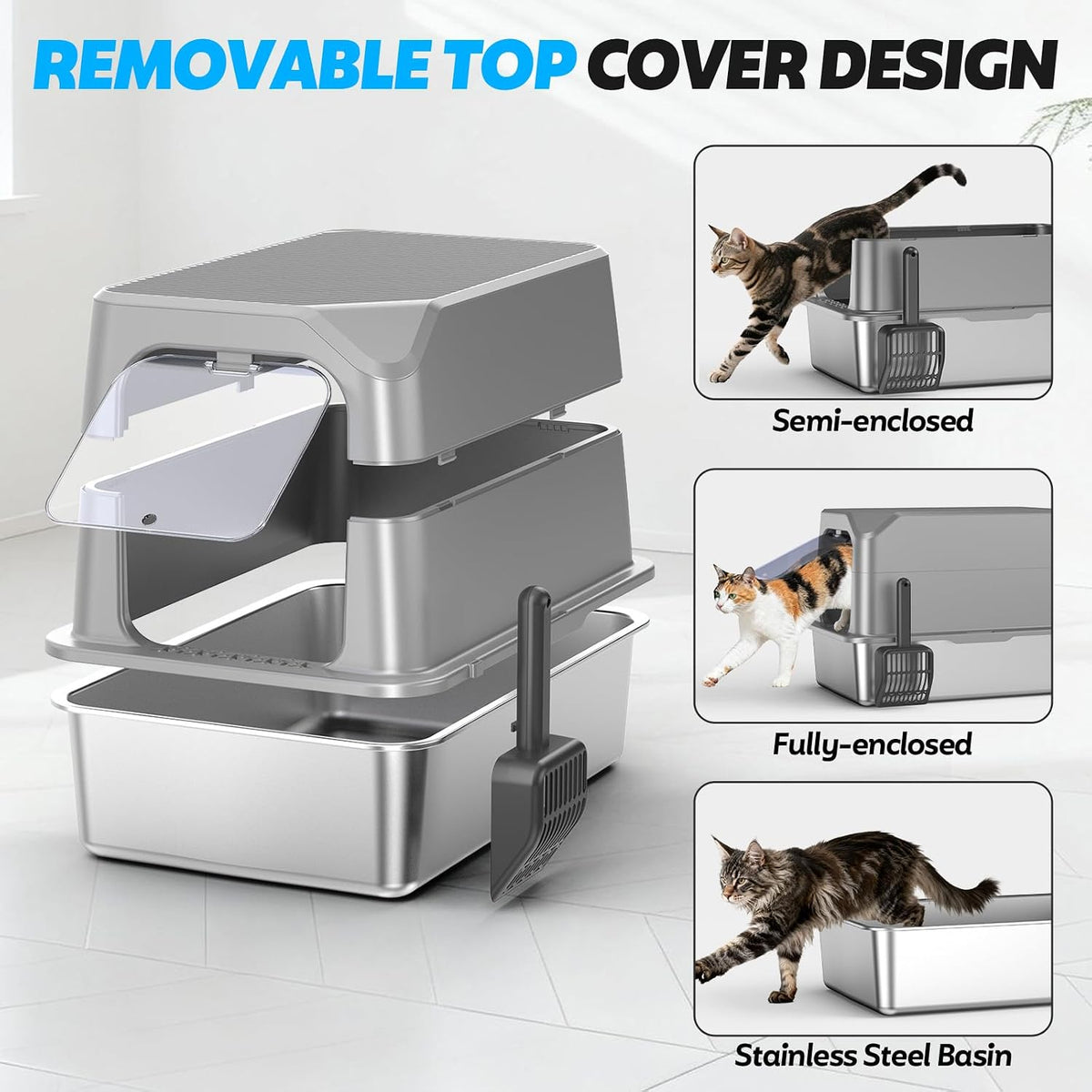 XL Stainless Steel Litter Box with Lid, Enclosed Cat Litter Box,Front Entry | XL for Big Cats, High Sides Enclosed Design, Anti-Urine Leakage, Non-Stick Odor-Free, Easy Clean, Reduce Litter Tracking