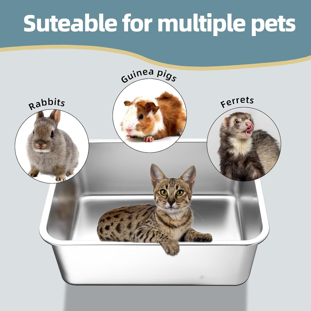 Stainless Steel Cat Litter Box - Medium Litter Box for Cats, Rabbits, and Pets, Non-Stick, Odor-Free, Easy to Clean, Splash-Proof, Sturdy and Durable (17.7" L x 13.8" W x 6" H)