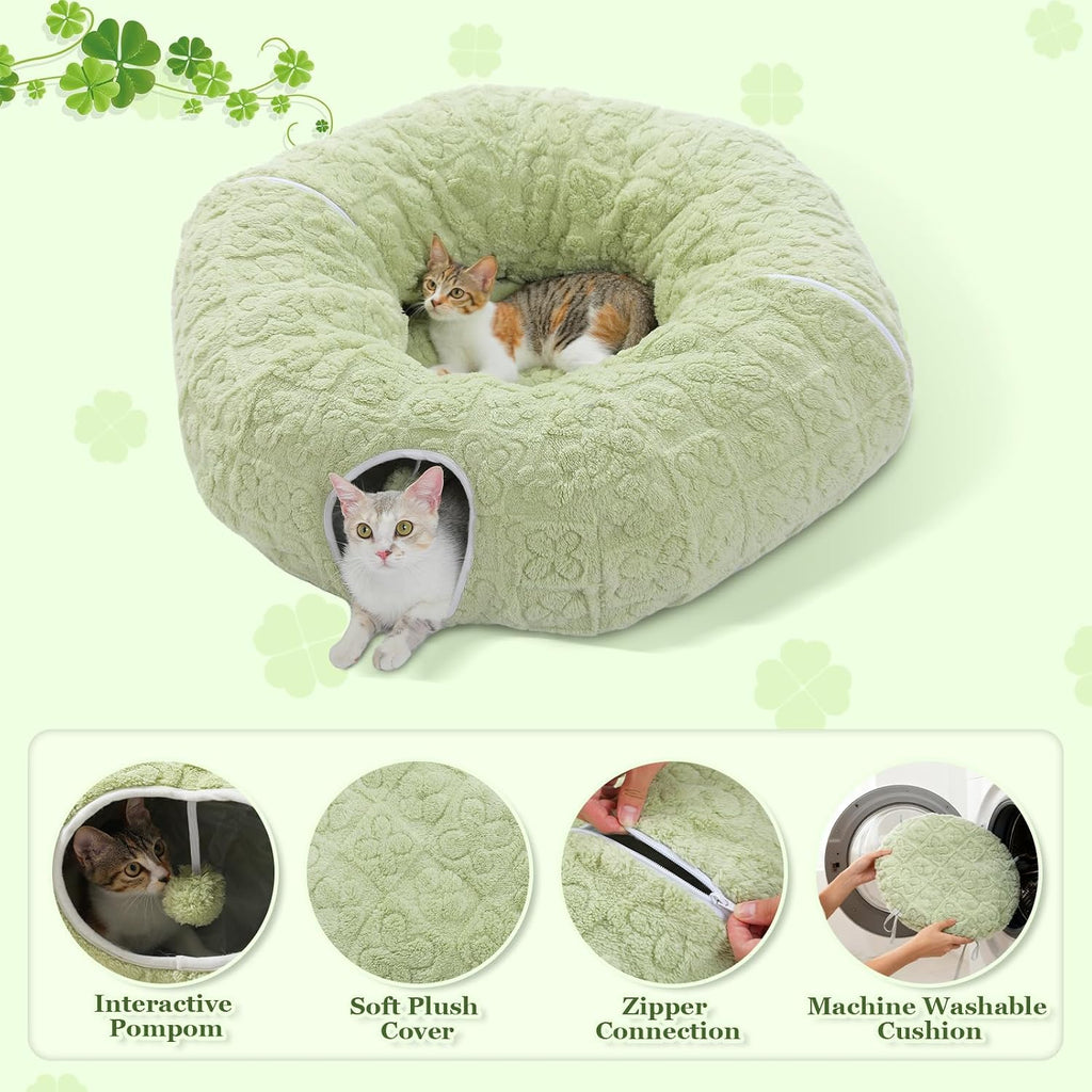 PEQULTI Green Donut Cat Tunnel Bed Washable Plush Mat for Multi Small Pets
