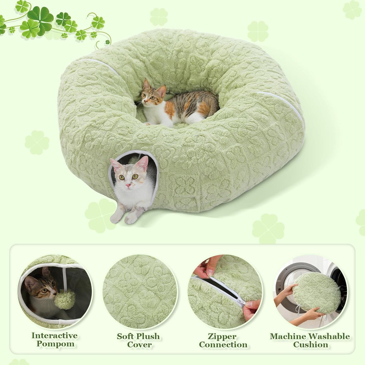 PEQULTI Green Donut Cat Tunnel Bed Washable Plush Mat for Multi Small Pets