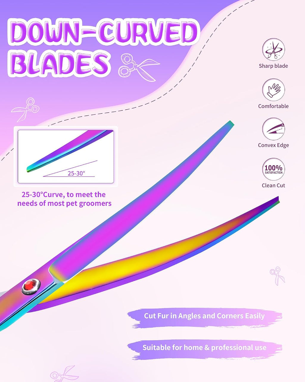 7.3" Dog Grooming Scissor - Professional Down-curved Shear with Ergonomic Handle Stainless Steel Hair Shears for Dogs, Cats and Other Pets - Pet Hair Trimming Scissor(Curved, Iridescent)