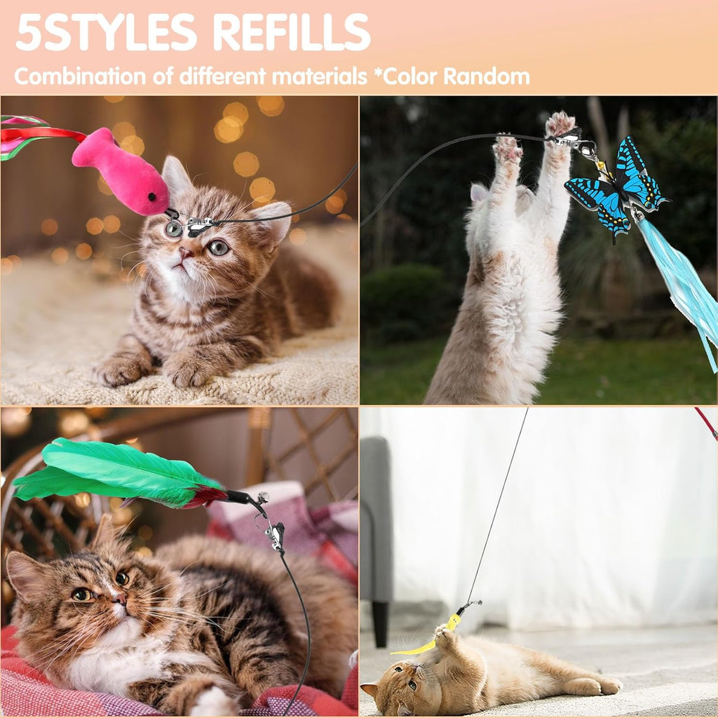 Retractable Cat Toy Wand 12 Packs Interactive Cat Feather Toys | , 9 Assorted Teaser Refills with Bell for Kitten (Pink)