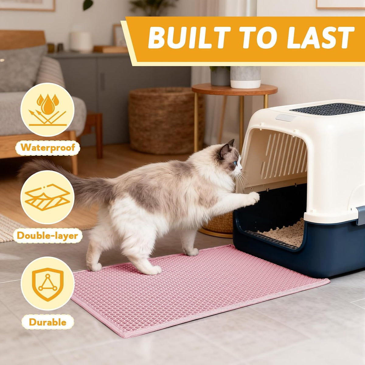 Pieviev Cat Litter Mat, Double-Layer Waterproof Litter Trap, 24" x 15" Pink | Honeycomb Design Catches Scattered Particles to Stop Tracking, Urineproof Base Protects Floors, Easy to Clean