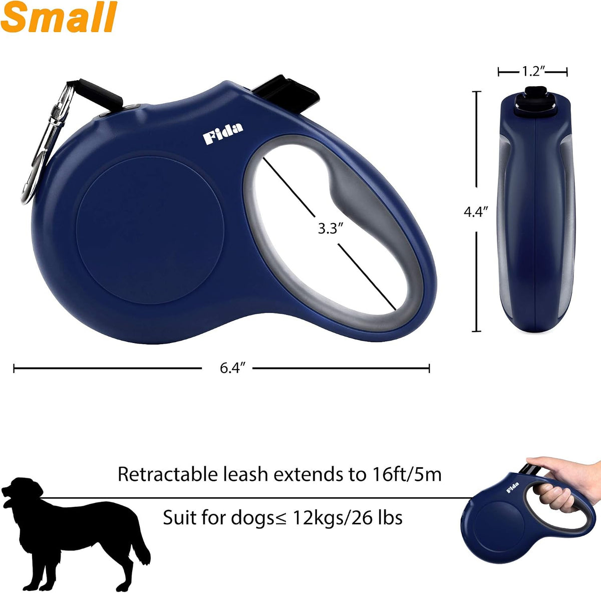 Fida Retractable Dog Leash with Dispenser and Poop Bags, 16 ft, Navy Blue