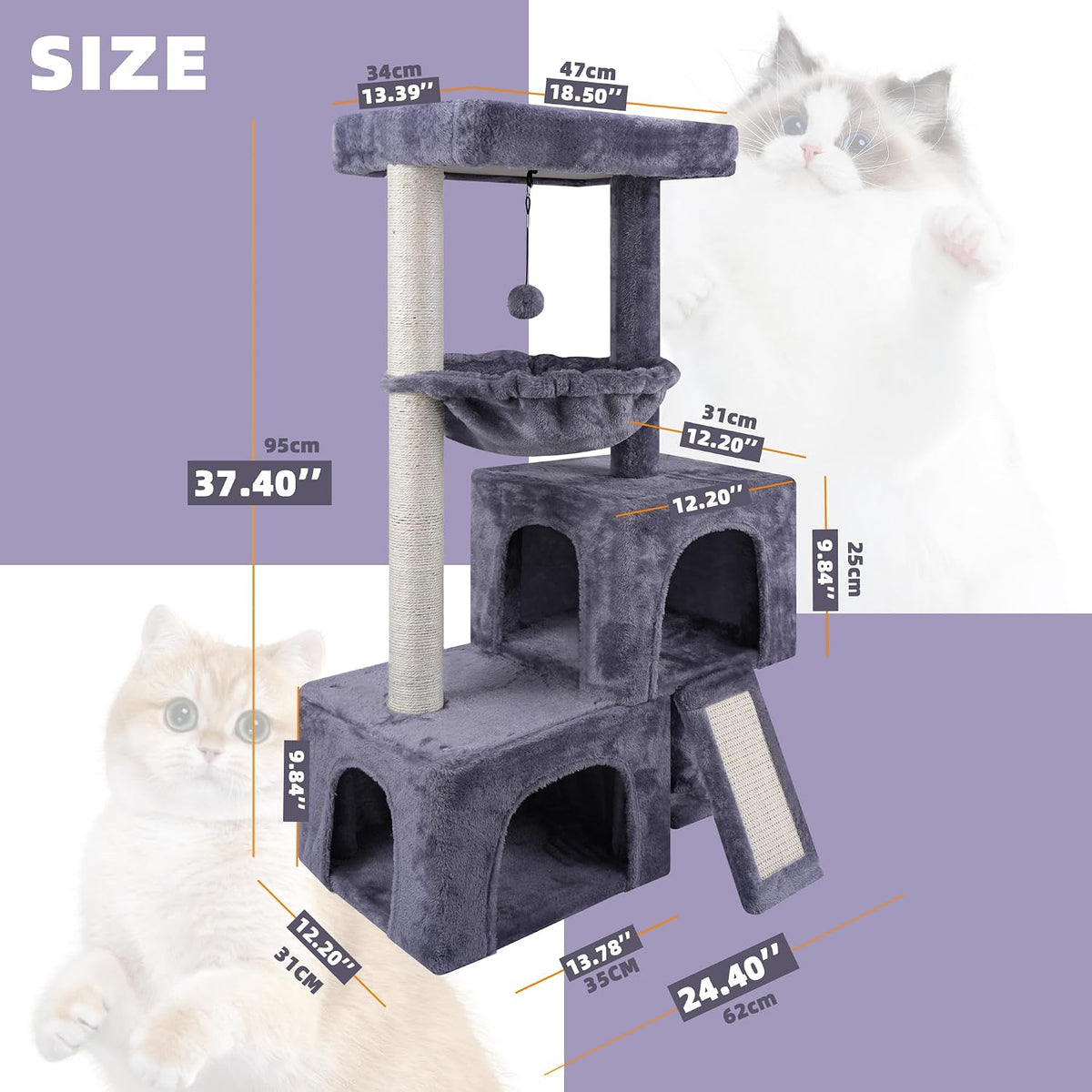 AIWIKIDE Cat Tree Has Scratching Toy with A Ball Activity Centre Cat Tower Furniture Jute-Covered Scratching Posts (Grey, 37.4'')