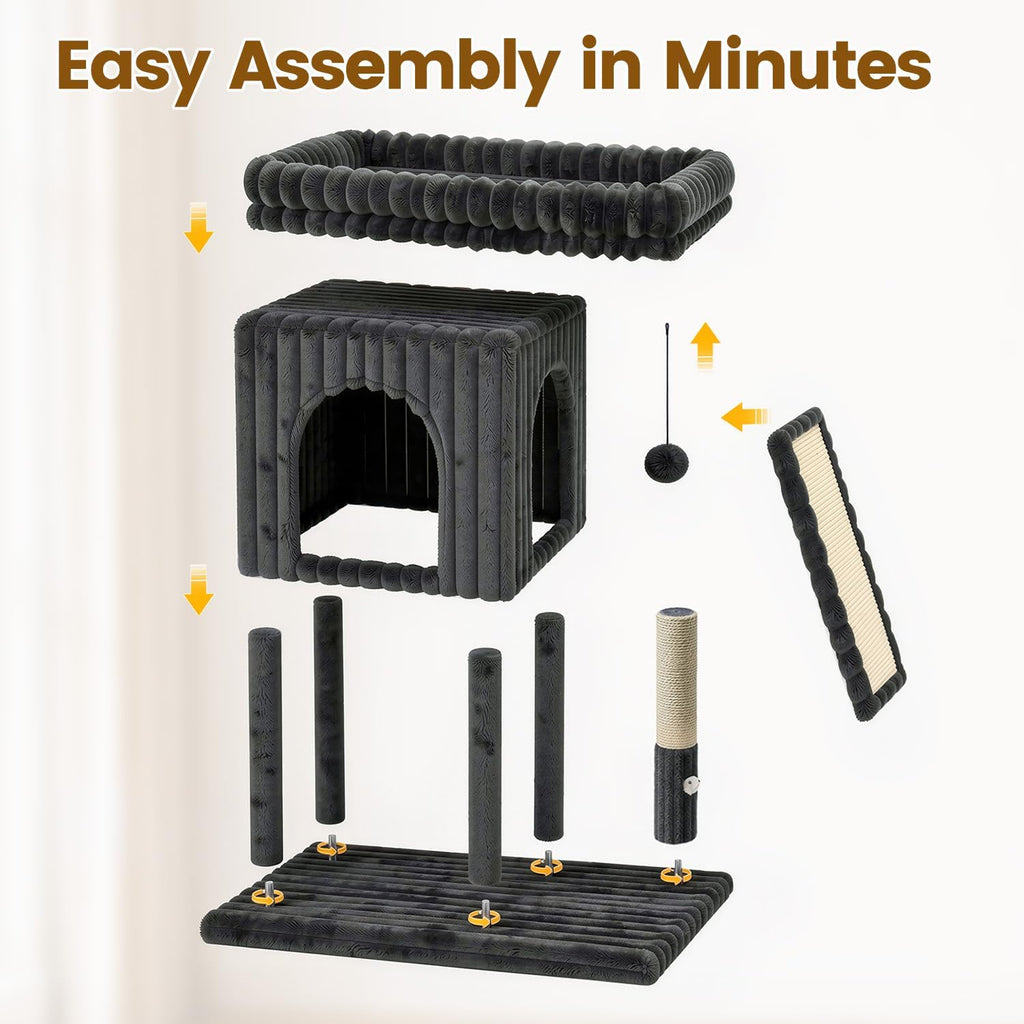 Cat Tree Tower with Scratching Post for Large Kitty, Gray Ribbed