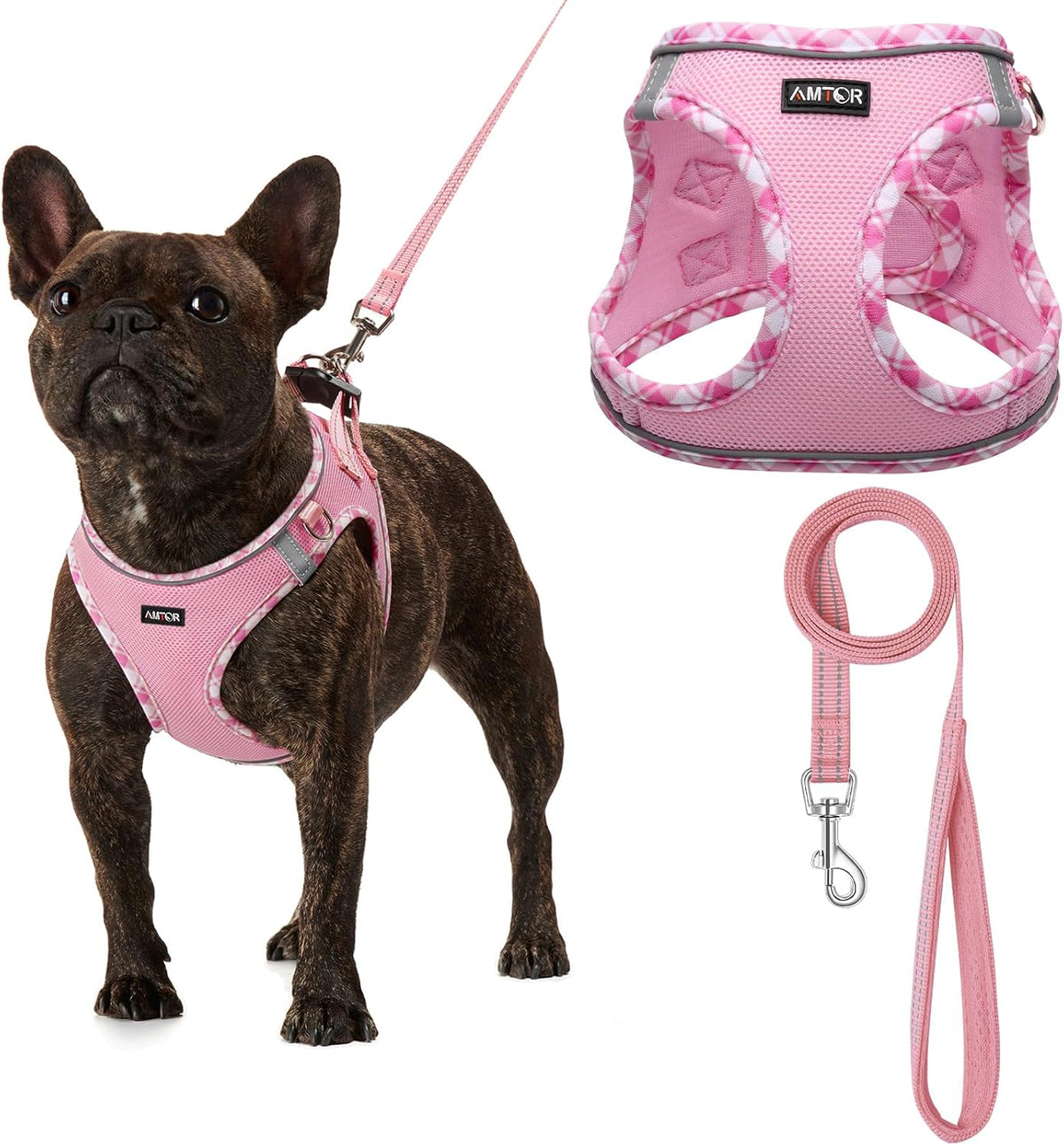 AMTOR Small Dog Harness with Leash Set, No Escape Easy Walk Puppy Harnesses for Training Walking, Step-in Reflective Soft Dogs Vest for XS S Medium Extra-Small Large Sized Dog(Pink/White,XL)