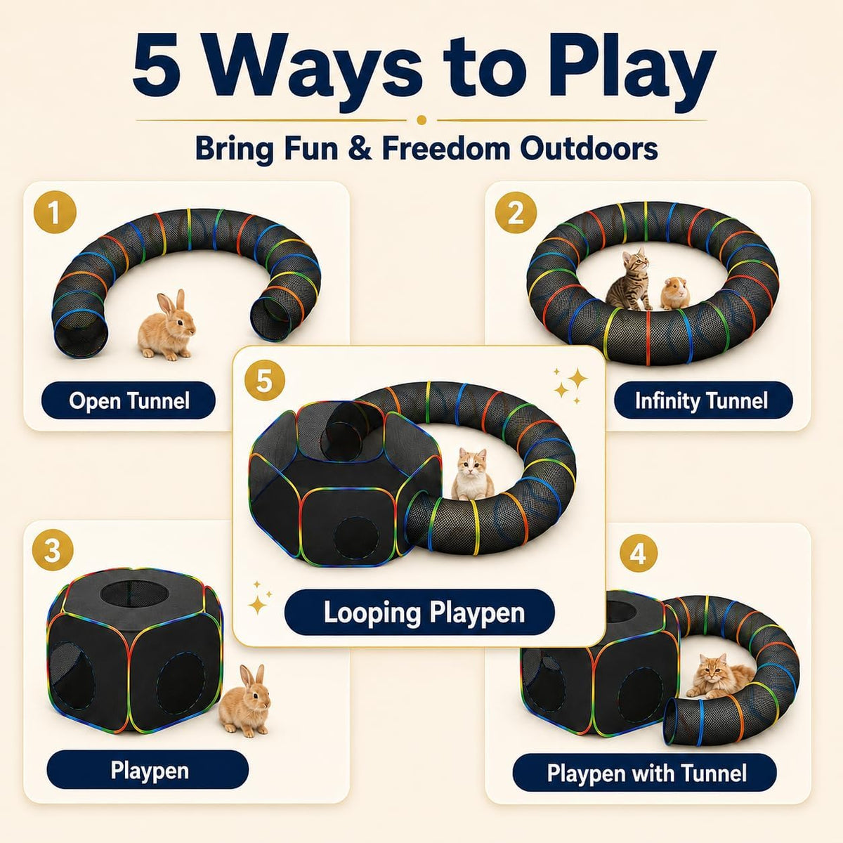 Portable Cat Enclosure - 2-in-1 Outdoor Catio with Tent & Tunnel, Foldable Playpen for Indoor Cats, Includes Storage Bag for Cats & Small Animals Rainbow Color