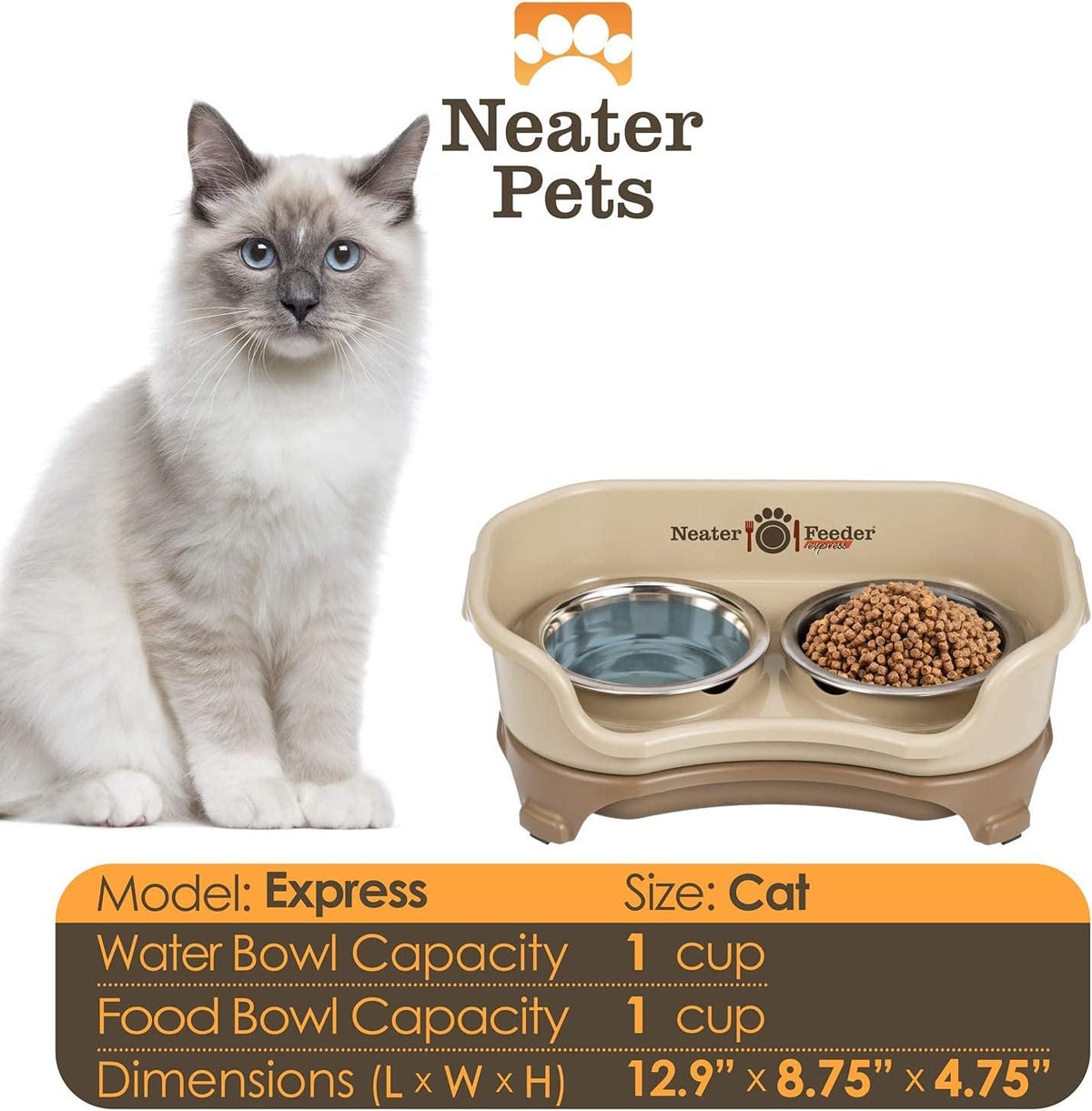 Neater Feeder Express Mess Proof Cat Bowls Elevated, No Spill Feeding Station, Stainless Steel Dishes for Food and Water, Raised Bowls for Indoor Cats, No Fatigue Whisker Friendly Dish, Cappuccino 