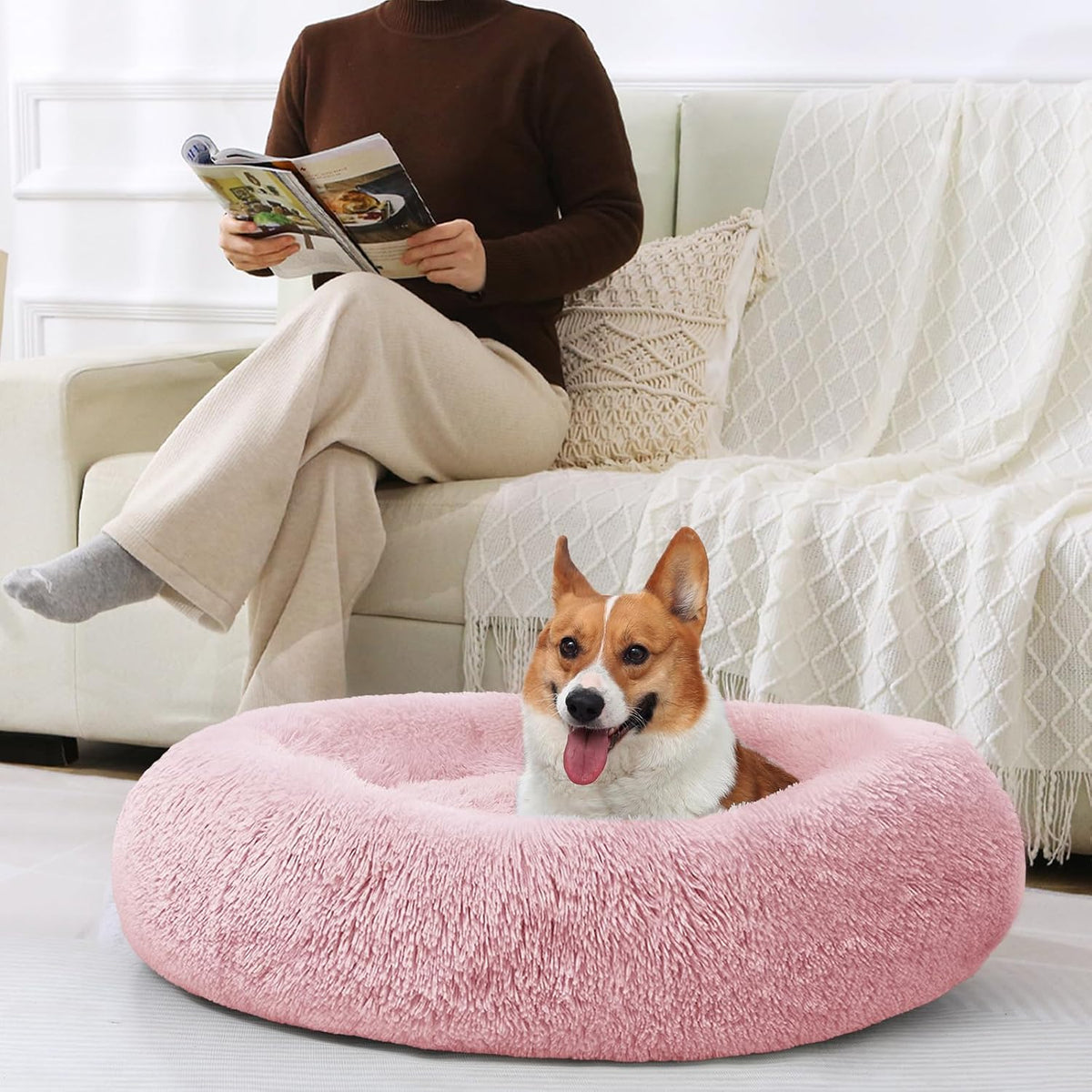 JOLLYVOGUE Dog Bed, Calming Anti-Anxiety Large Dog Bed, Fluffy Donut Cushion for Medium and Large Pets (31")