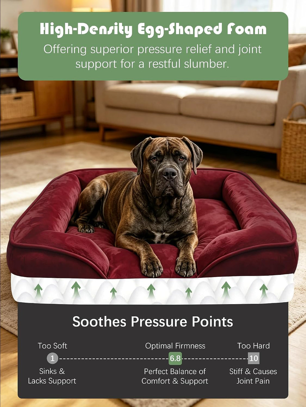 Spotted Play Orthopedic Dog Bed with Sides - Sofa Beds for Extra Large Dogs, Supportive Foam Pet Couch Bed with Washable Removable Cover, Waterproof Lining and Non-Slip Bottom, Burgundy - XXL