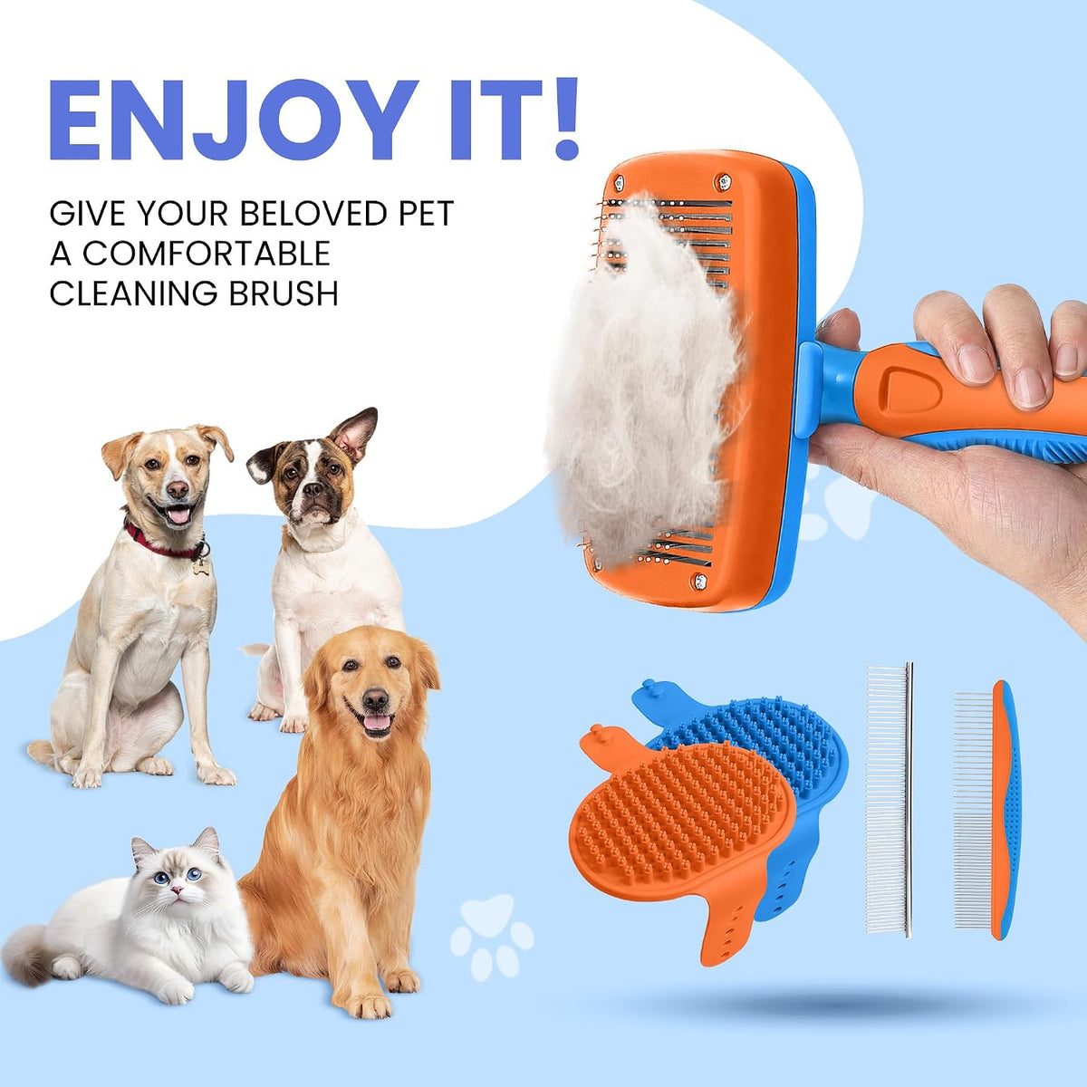 Self Cleaning Shedding Brush - 5-in-1 Professional Pet Grooming Kit Skin Friendly Grooming Tool for Dogs, Cats, and Puppies, Deshedding and Hair Removal for Long and Short Haired Pets,（Blue-Orange）
