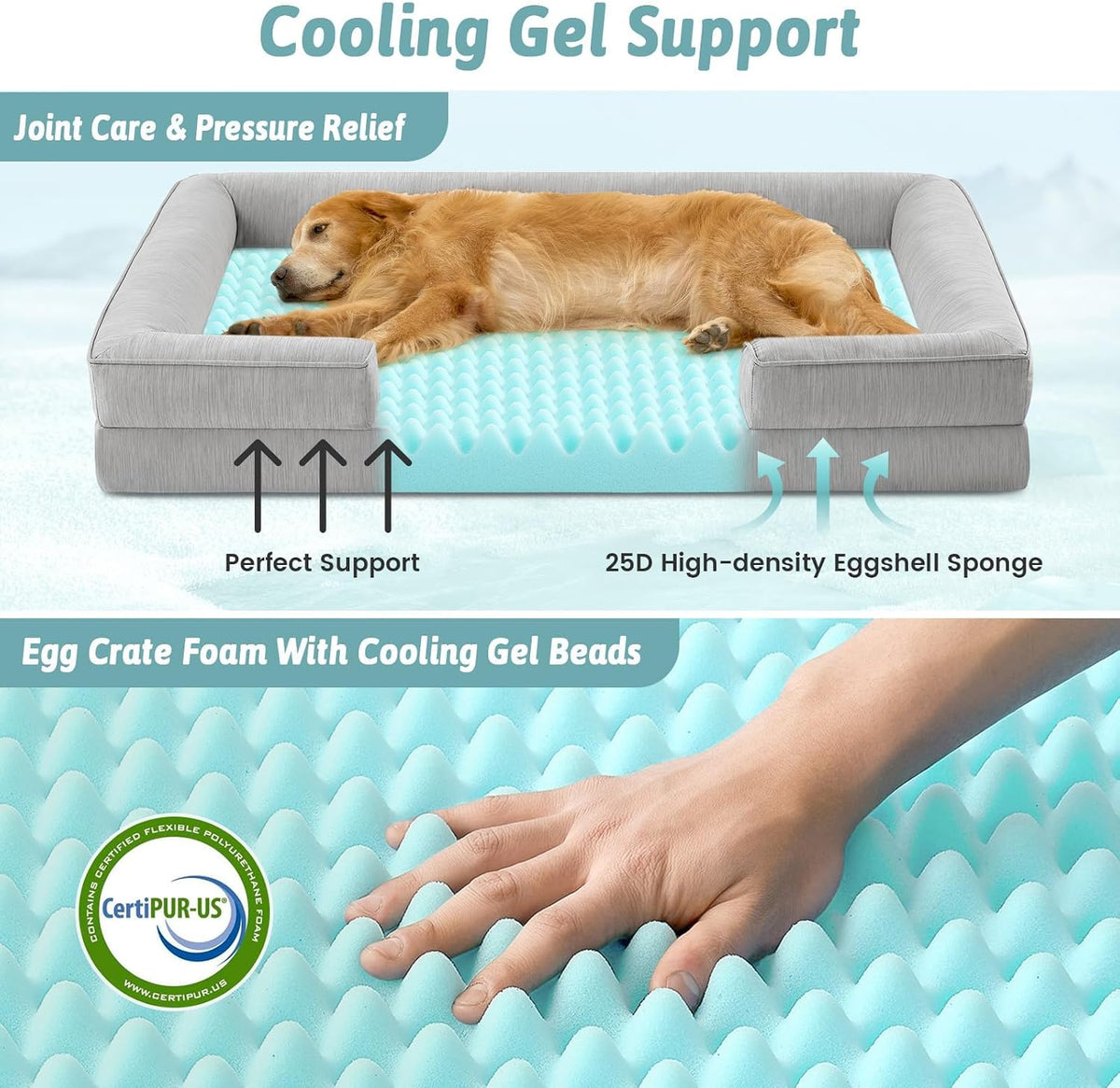 COZY KISS Cooling Orthopedic Extra Large Dog Bed, XL 44x32 inch, Grey